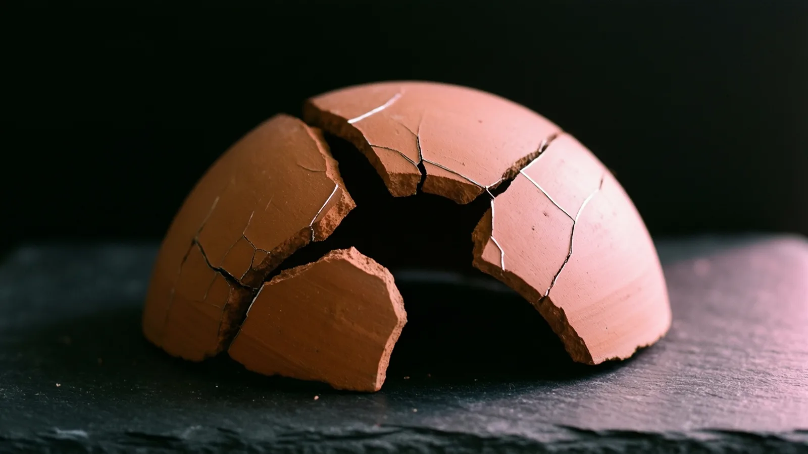 Una cúpula de color terracota agrietada, formada por varios fragmentos rotos de bordes irregulares, está sobre una superficie de pizarra gris oscuro. La luz llega desde el frente y la parte superior derecha, con un tono rosado a la derecha, sobre fondo negro.