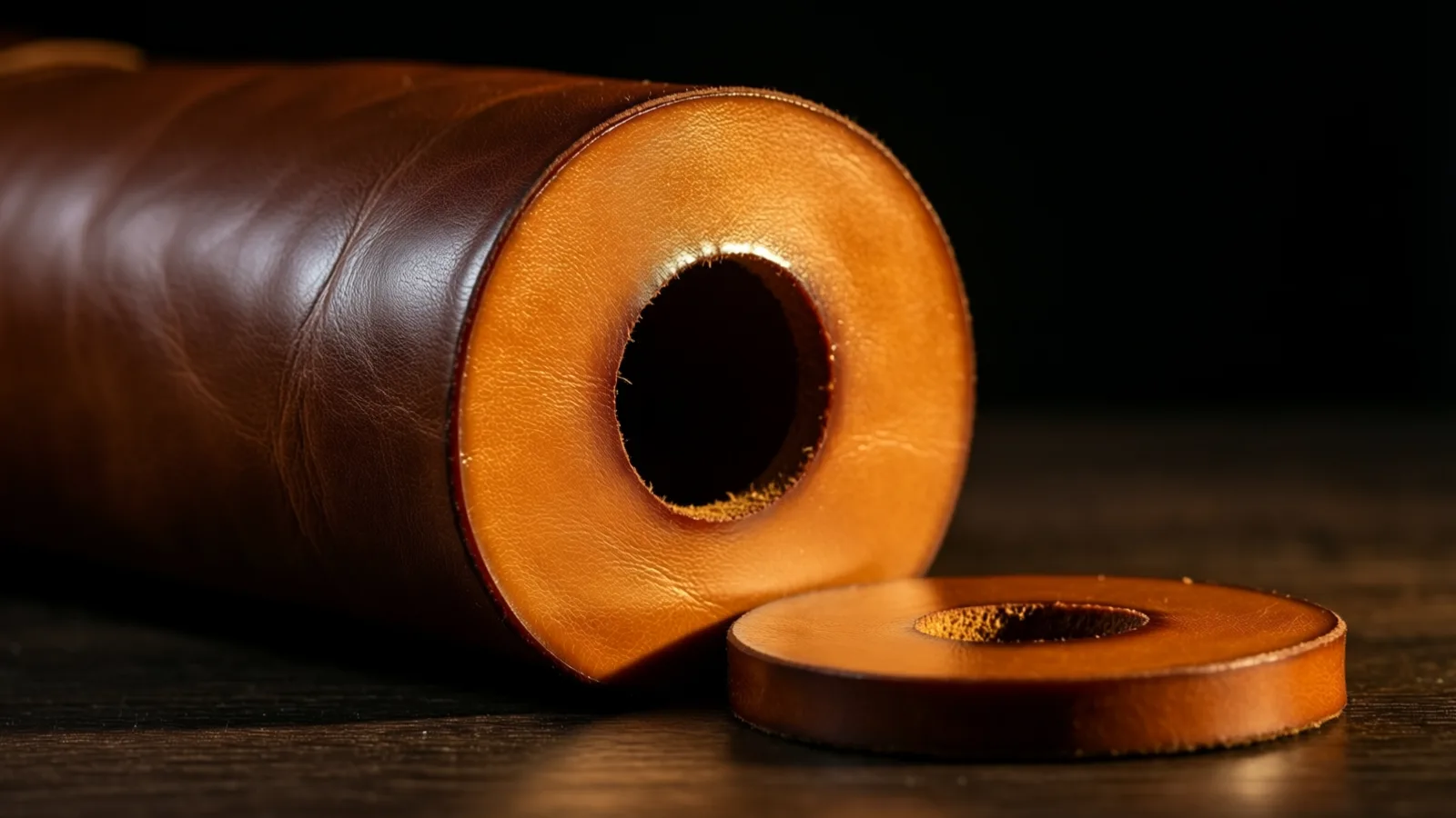 Un grueso tubo enrollado de cuero marrón, con un orificio redondo en el centro, yace sobre una superficie de madera oscura, con un anillo plano de cuero junto a él. Una luz cálida cae sobre la cara cortada de color canela, con fondo negro.