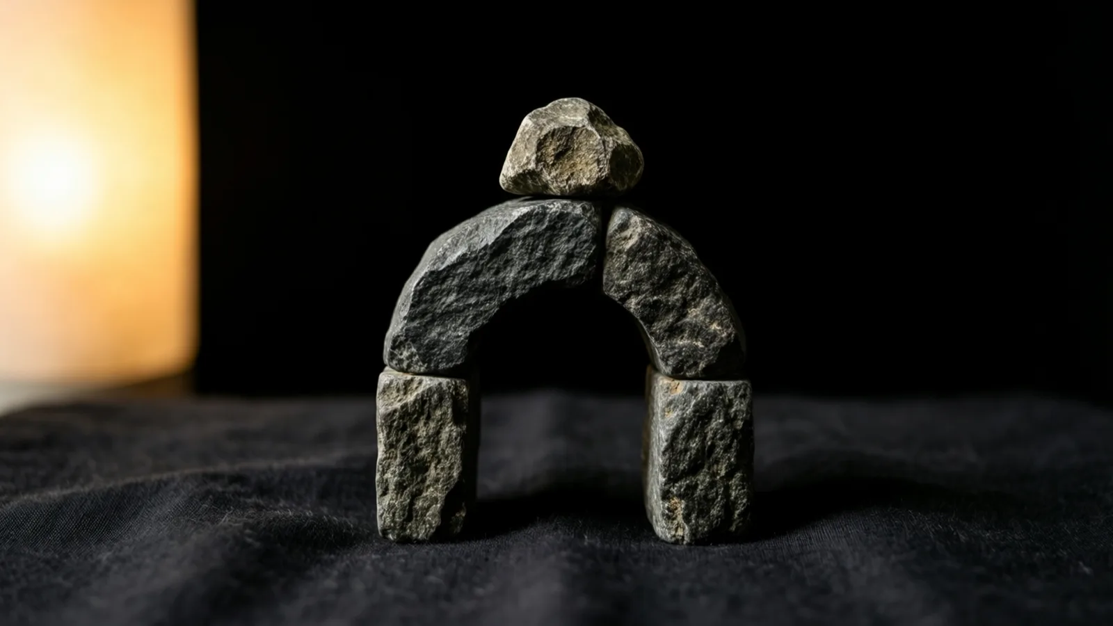 Un pequeño arco de bloques de piedra gris rugosa se levanta sobre una tela oscura, con una piedra pequeña en equilibrio en la cima. Una fuente de luz cálida y desenfocada brilla en el borde izquierdo, y el fondo es negro.