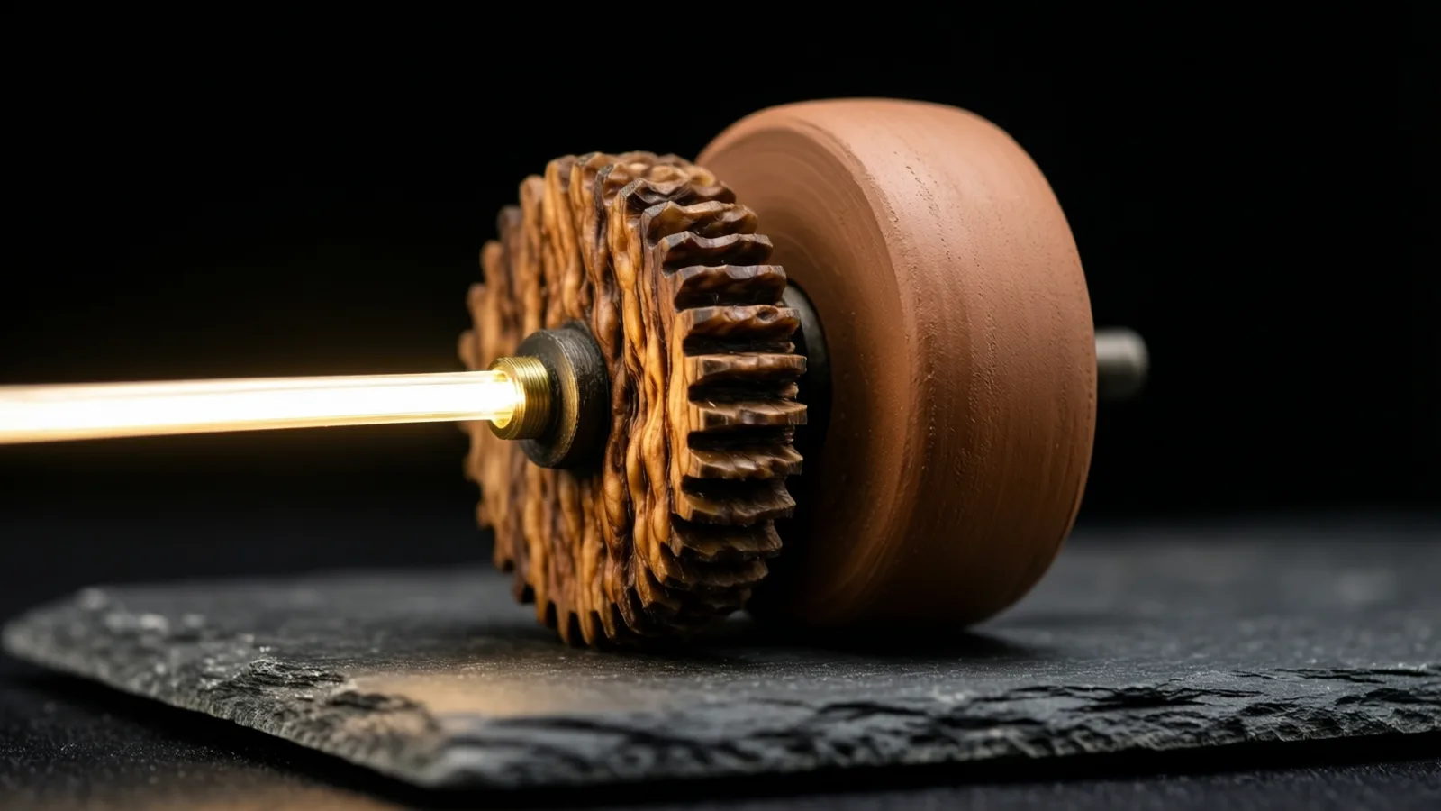 Un engranaje de madera tallada y con textura junto a una rueda lisa color terracota, montados en un mismo eje sobre una losa rugosa de pizarra. Una varilla luminosa entra desde la izquierda e ilumina el engranaje; el fondo es negro.