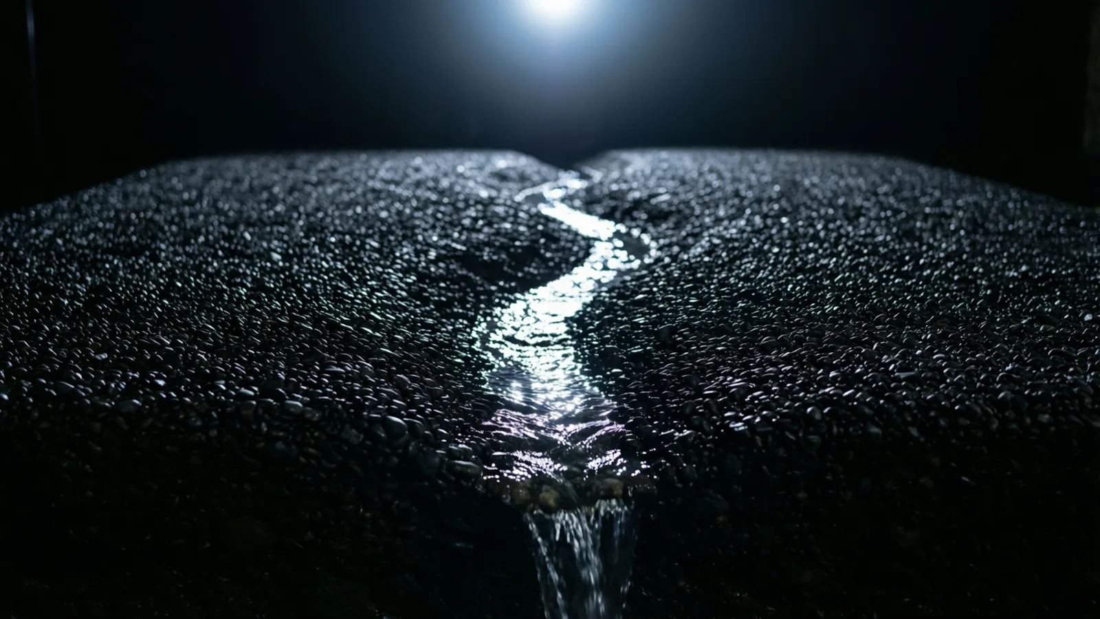Un delgado hilo de agua serpentea entre una capa de pequeñas piedras oscuras y mojadas y cae por el borde más cercano. Una luz blanca brillante resplandece en la oscuridad al fondo y su destello se refleja sobre el agua.