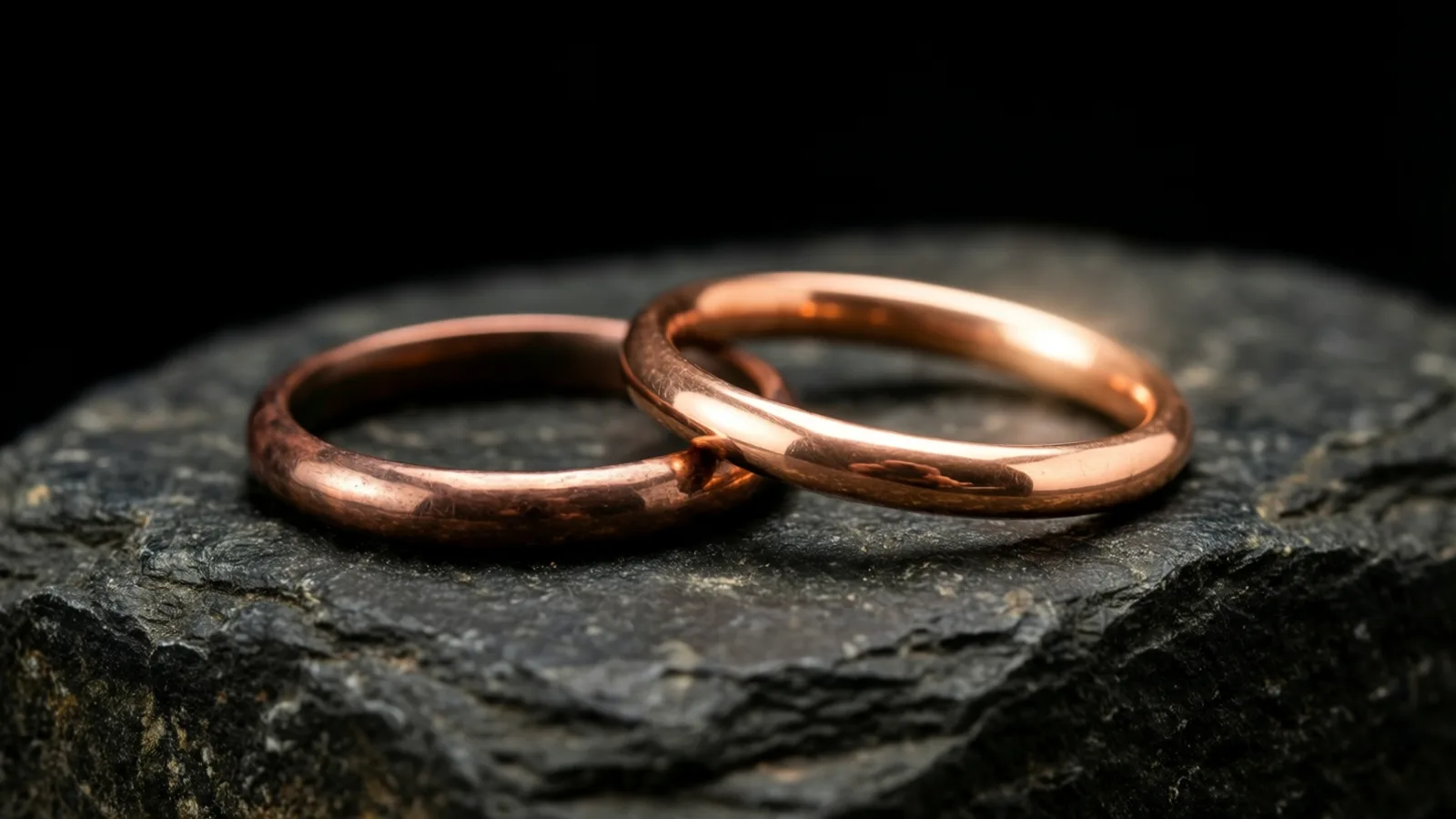 Dos anillos lisos y pulidos de metal color cobre descansan superpuestos sobre una piedra gris oscura y rugosa. La luz cae desde la parte superior derecha y resalta la superficie curva del anillo más cercano; el fondo es negro.