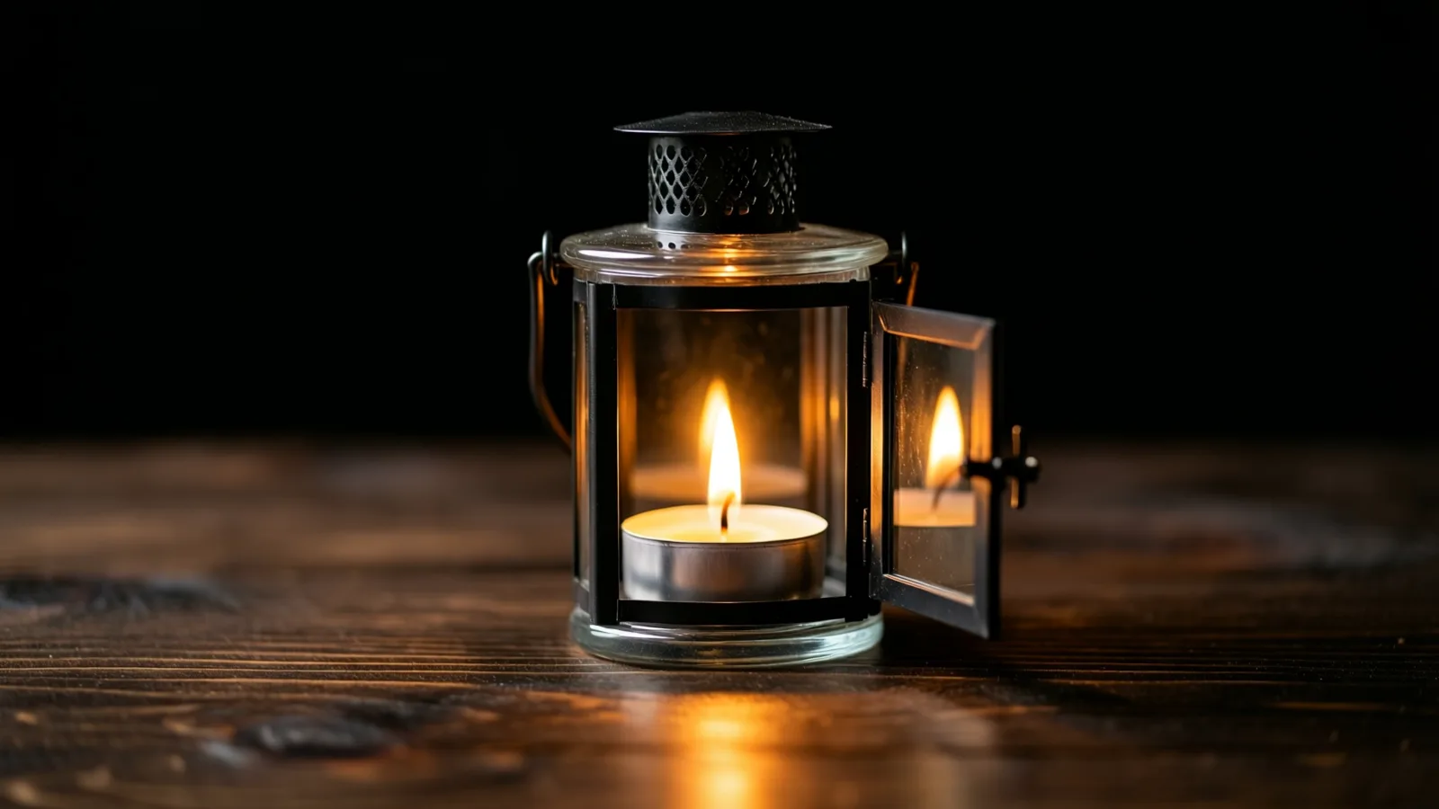 Un pequeño farol de metal negro y vidrio, con la puerta lateral abierta, contiene una sola vela pequeña encendida. Una luz cálida se extiende sobre la mesa de madera oscura y el fondo es negro.