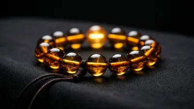 A bracelet of round, glossy amber-coloured beads on a dark cloth surface, with a brown knotted cord trailing toward the lower left. Warm light glows inside the beads, especially the large one at the back, against a black background.