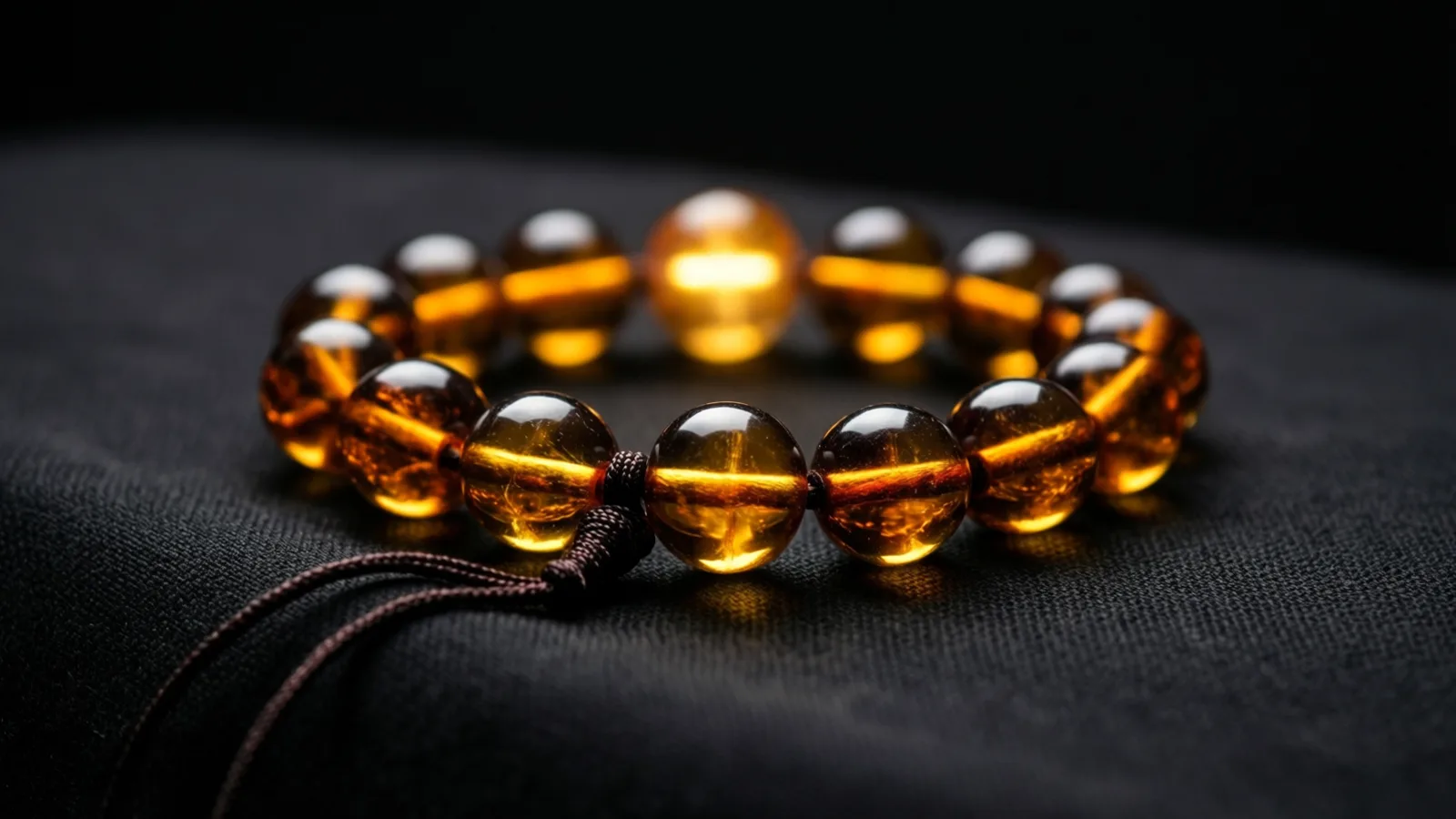 Una pulsera de cuentas redondas y brillantes de color ámbar sobre una tela oscura, con un cordón marrón anudado que cae hacia la esquina inferior izquierda. Una luz cálida resplandece dentro de las cuentas, sobre todo la grande del fondo, contra un fondo negro.