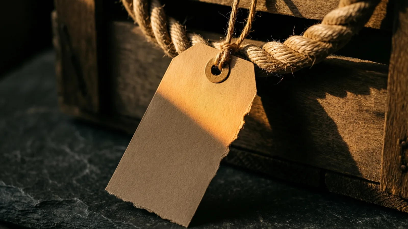 Una etiqueta de papel kraft en blanco, con el cordón que sube por un ojal metálico y sale por el borde superior, se apoya en una caja de madera envejecida atravesada por una cuerda gruesa sobre pizarra oscura, con luz cálida cruzando su mitad superior.