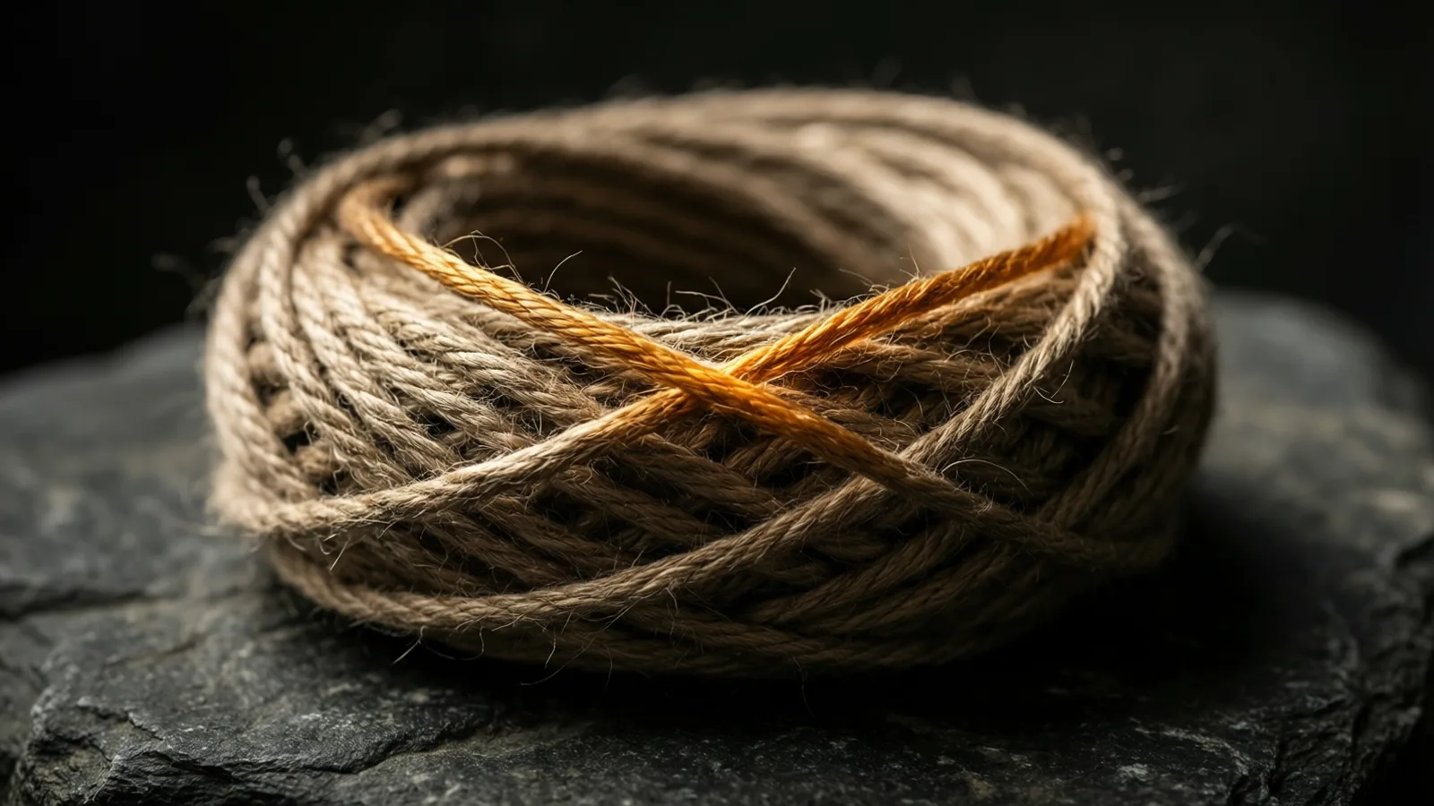 A loose coil of rough packing twine resting on dark stone, a single warm band of light catching its twisted fibers.
