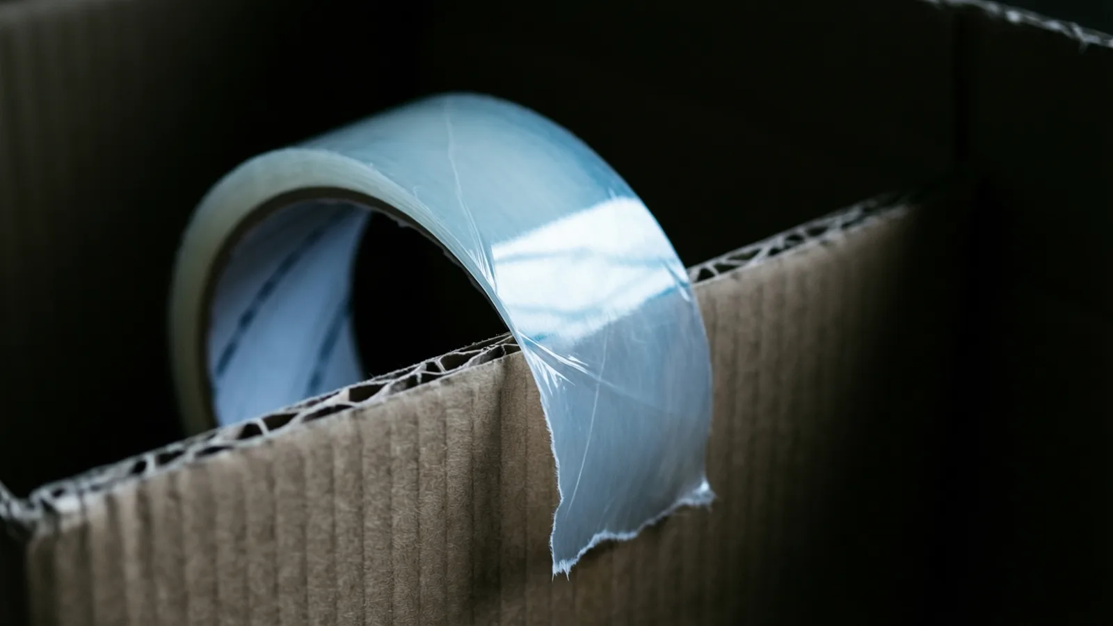 A roll of clear adhesive tape with a torn end sits on brown corrugated cardboard, bright light from above glancing off the plastic and throwing shadows into the dark behind.
