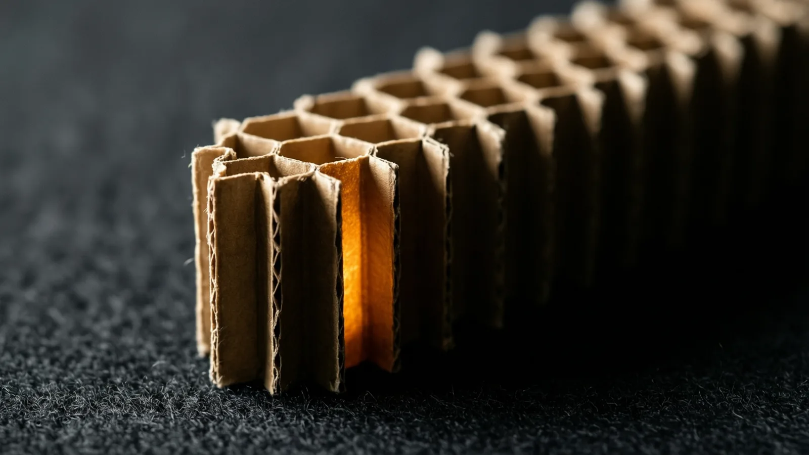 A honeycomb cardboard divider standing on its edge, its hexagonal cells lit by a single warm band of light against dark felt.