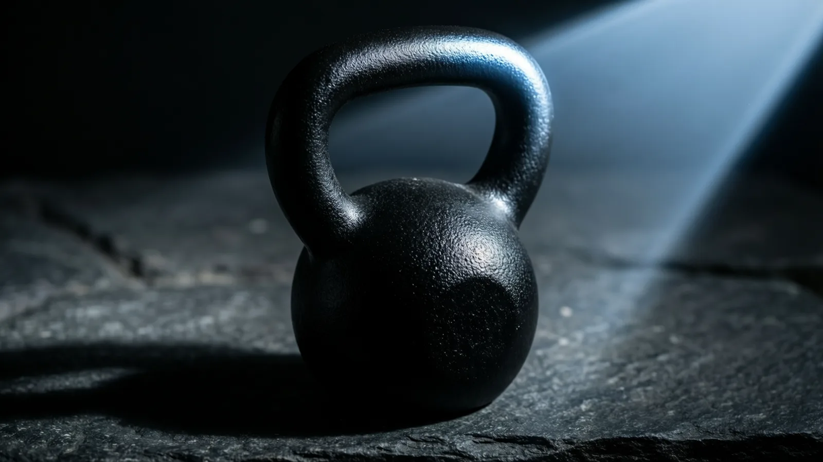A single matte black kettlebell resting on dark stone, its curved handle lit by one cold band of light against deep shadow.