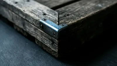 La unión en esquina de una caja de madera, donde una escuadra metálica se encuentra con la veta desgastada, iluminada por una única franja de luz fría sobre pizarra oscura.