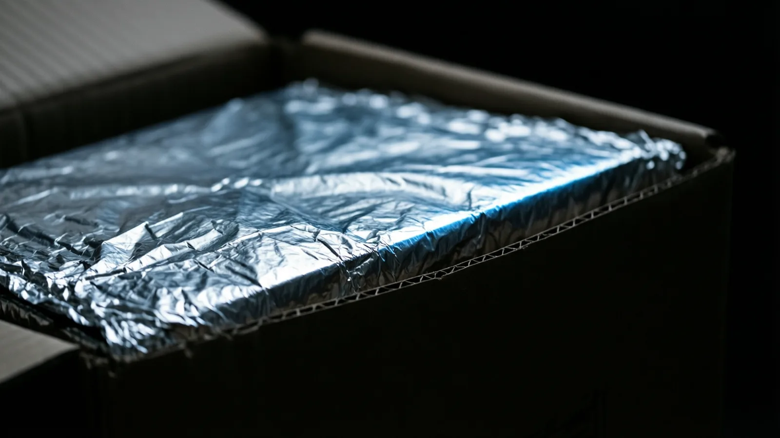 Una lámina arrugada de forro aislante de aluminio procedente de una caja de envío, con sus pliegues marcados iluminados por una única franja de luz fría sobre negro.