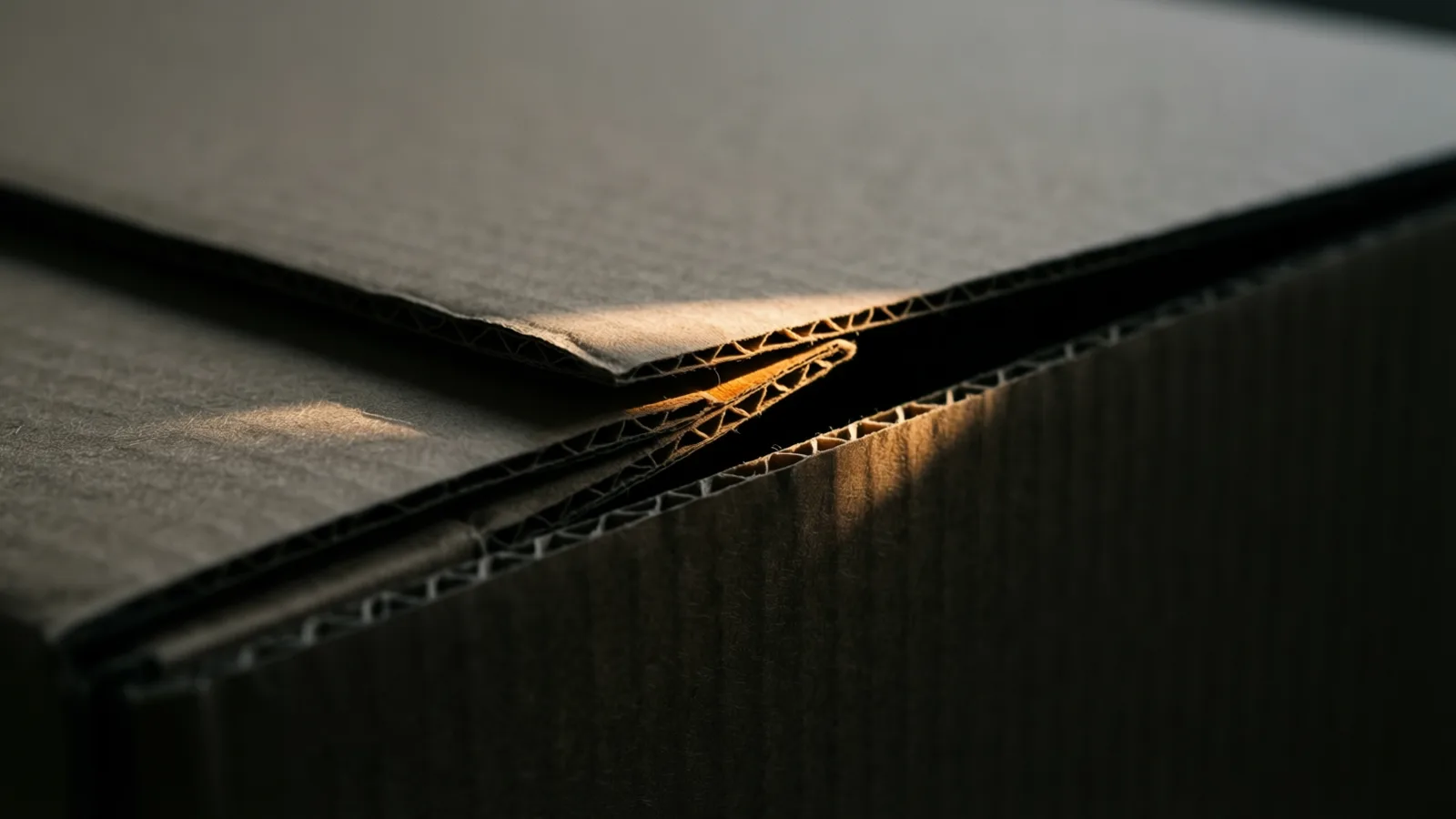 Dark brown corrugated cardboard sheets stacked and folded, resting on a similar surface, warm light highlighting edges and creases, casting deep shadows.