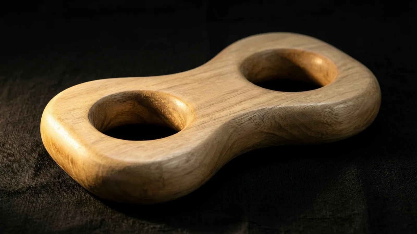 Una pieza de madera lisa con forma de ocho redondeado y dos grandes orificios circulares reposa sobre una tela oscura y arrugada. La luz cálida cae sobre el extremo izquierdo y la superficie superior, y deja el lado derecho y el fondo en sombra.