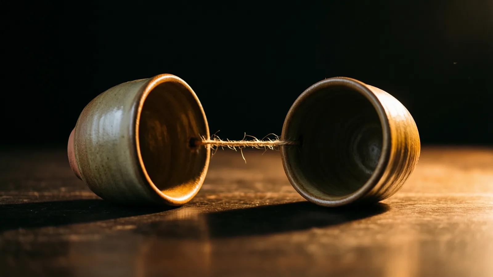 Dos tazas de cerámica esmaltada están recostadas sobre una mesa oscura, muy cerca una de la otra y unidas por un tramo de cordel fibroso. La luz cálida ilumina los bordes de las tazas y el lado derecho de la mesa, frente a un fondo negro.