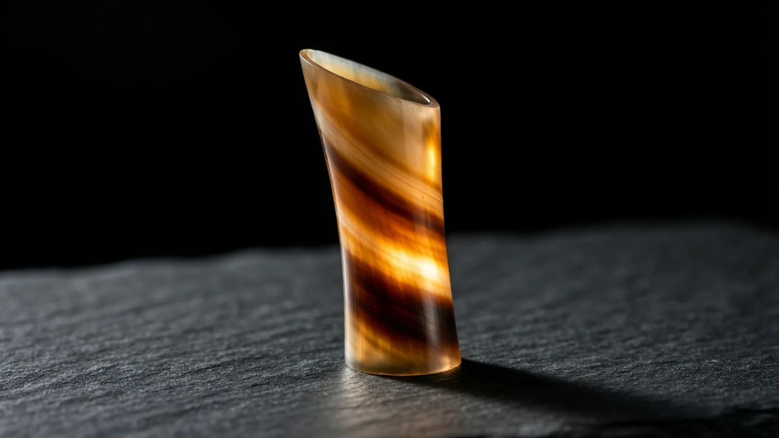 Un pequeño tubo translúcido de bandas ámbar y marrón se alza vertical sobre una superficie de piedra oscura y rugosa. La luz brilla a través de las bandas arremolinadas y una sombra suave se extiende hacia la derecha sobre la piedra, contra un fondo negro.