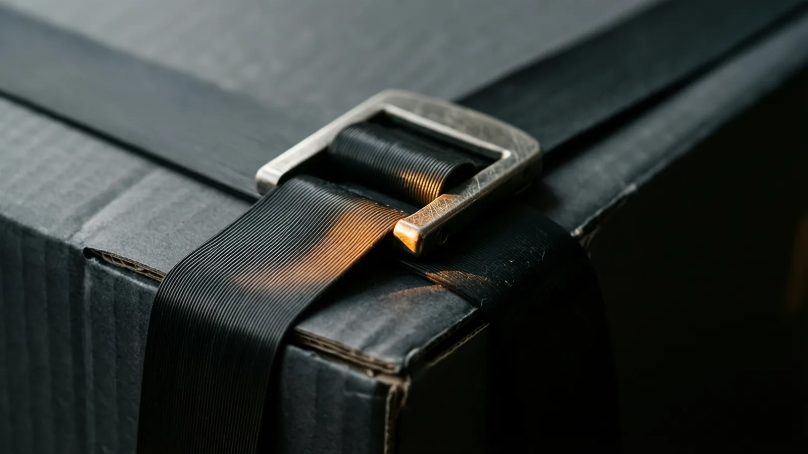 A strapping band pulled taut over a carton corner with its metal buckle catching a single warm band of light against dark slate.