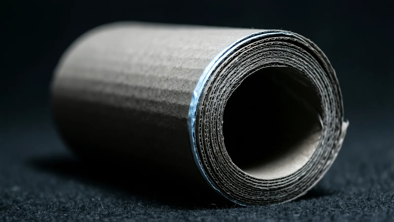 A tightly wound roll of corrugated cardboard lies on its side on dark felt, its open cut end facing the camera, with a cold pale highlight tracing the seam edge and the fluted rings inside.