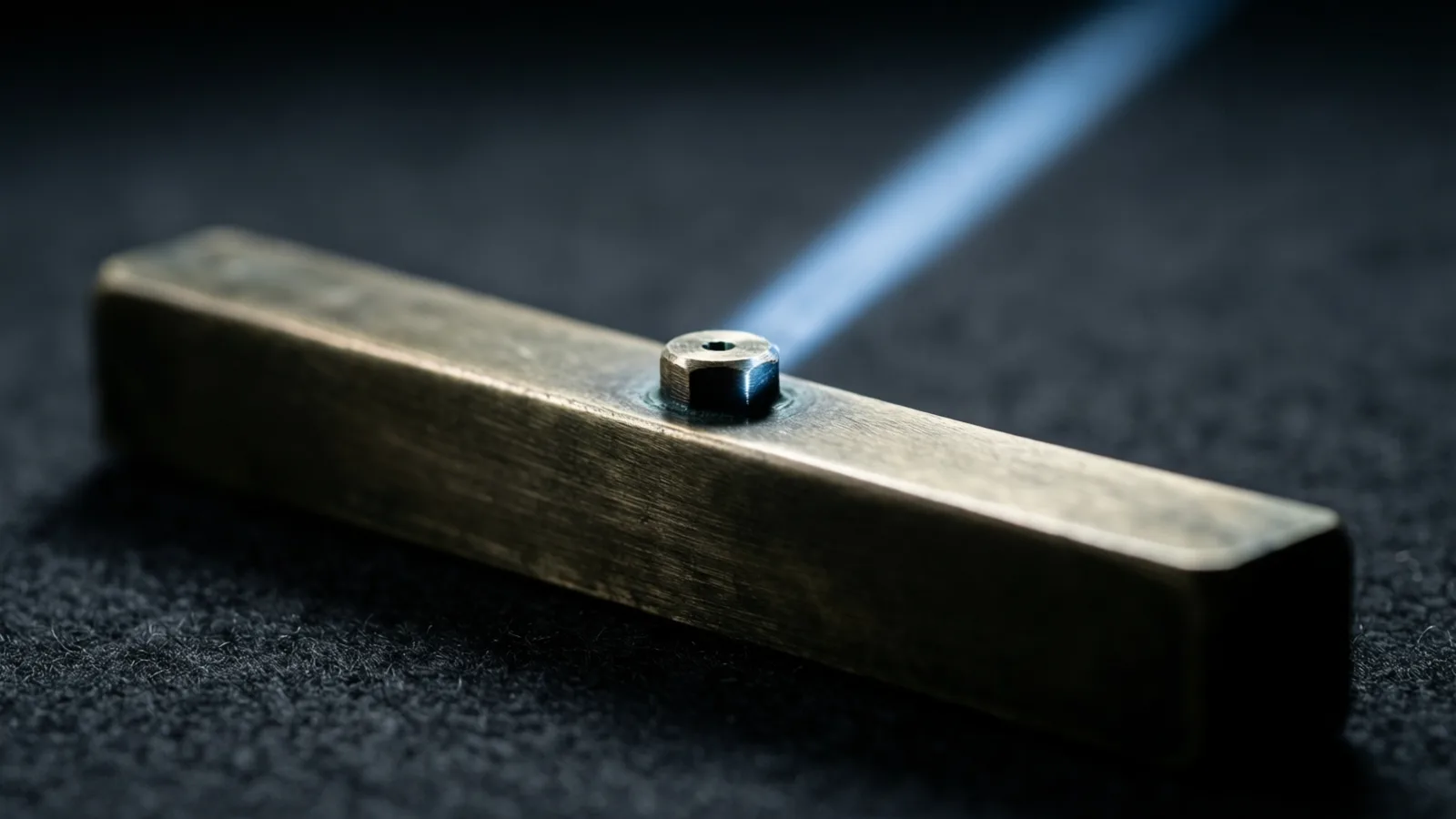 A long brass bar lies diagonally on dark grey felt, a small dark hex nut set on its upper face, with a thin pale blue beam of light angling down from the top right onto the nut's centre hole.