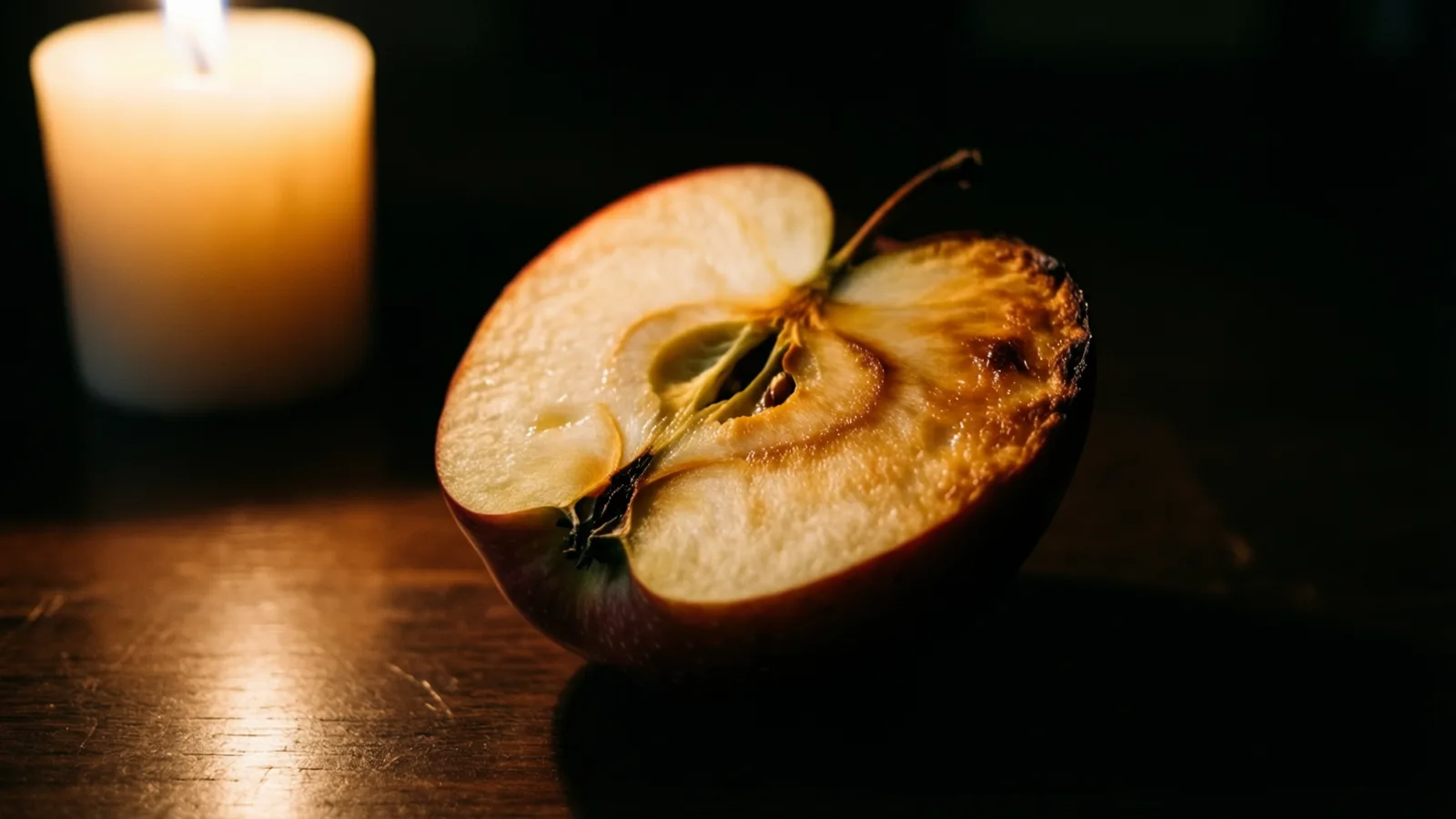 La mitad de una manzana cortada, con la pulpa oscurecida y dorada de un lado, sobre una mesa de madera oscura. Una vela clara con una pequeña llama aparece desenfocada arriba a la izquierda, y una luz cálida cae sobre la madera.