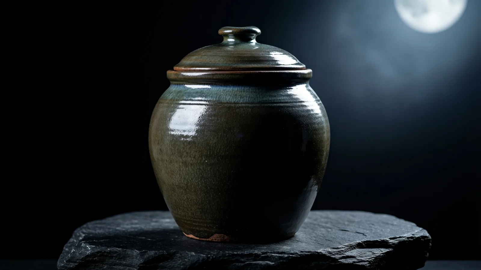 Un frasco de cerámica esmaltada con tapa y perilla redondeada, en verde oscuro y negro, sobre una losa de pizarra rugosa. Una luna llena pálida brilla arriba a la derecha sobre un fondo oscuro.