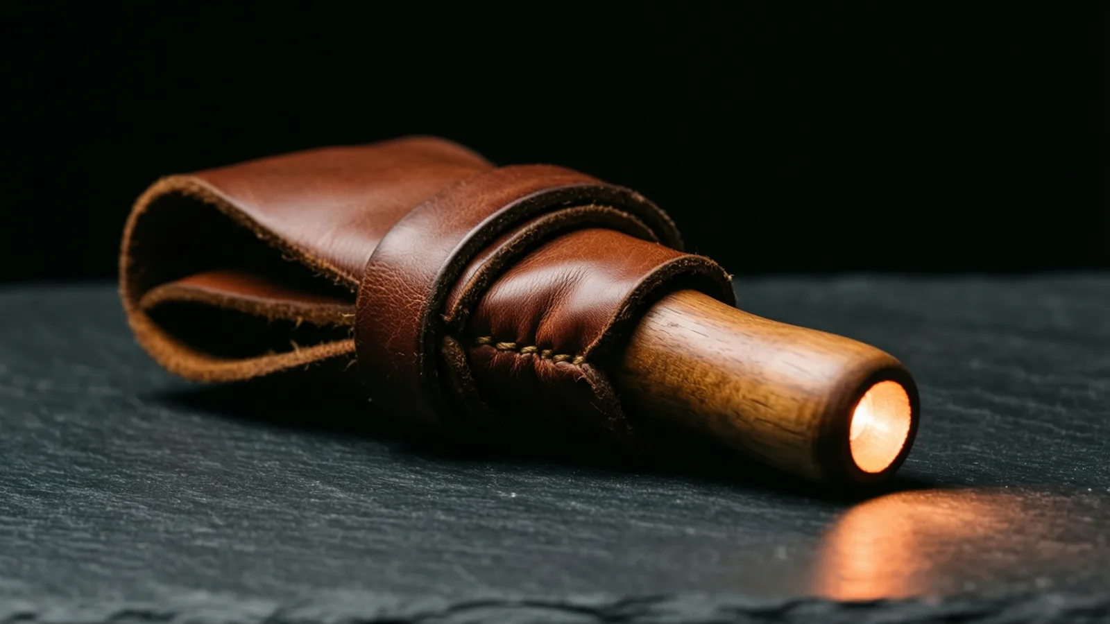 Una funda de cuero marrón con costura y bordes ásperos envuelve un cilindro de madera cuyo extremo emite una luz cálida anaranjada. Reposa sobre pizarra oscura, que refleja el resplandor naranja, con un fondo negro.