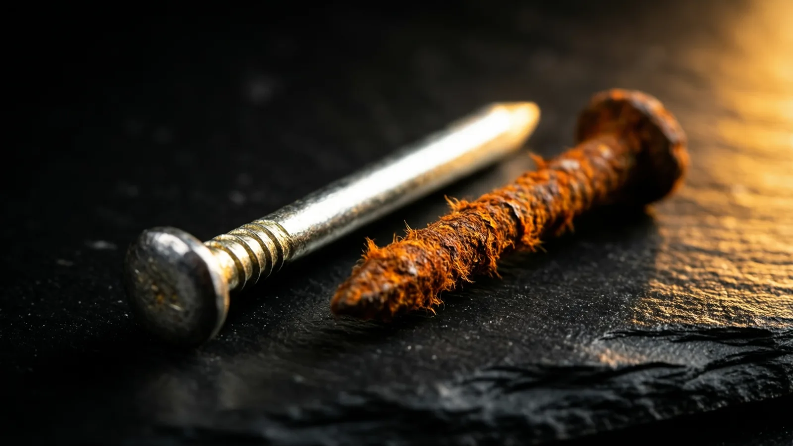 Un clavo de metal limpio y un clavo muy oxidado de color naranja amarronado, uno junto al otro sobre una superficie de pizarra oscura. La luz cálida cae sobre el lado derecho de la pizarra y el fondo es oscuro.
