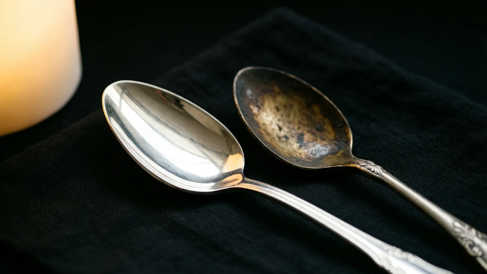 Dos cucharas de metal con mangos ornamentados descansan sobre una tela negra. Una es brillante y pulida, la otra oscura y deslucida. Una vela crema brilla arriba a la izquierda e ilumina las cucharas sobre un fondo negro.