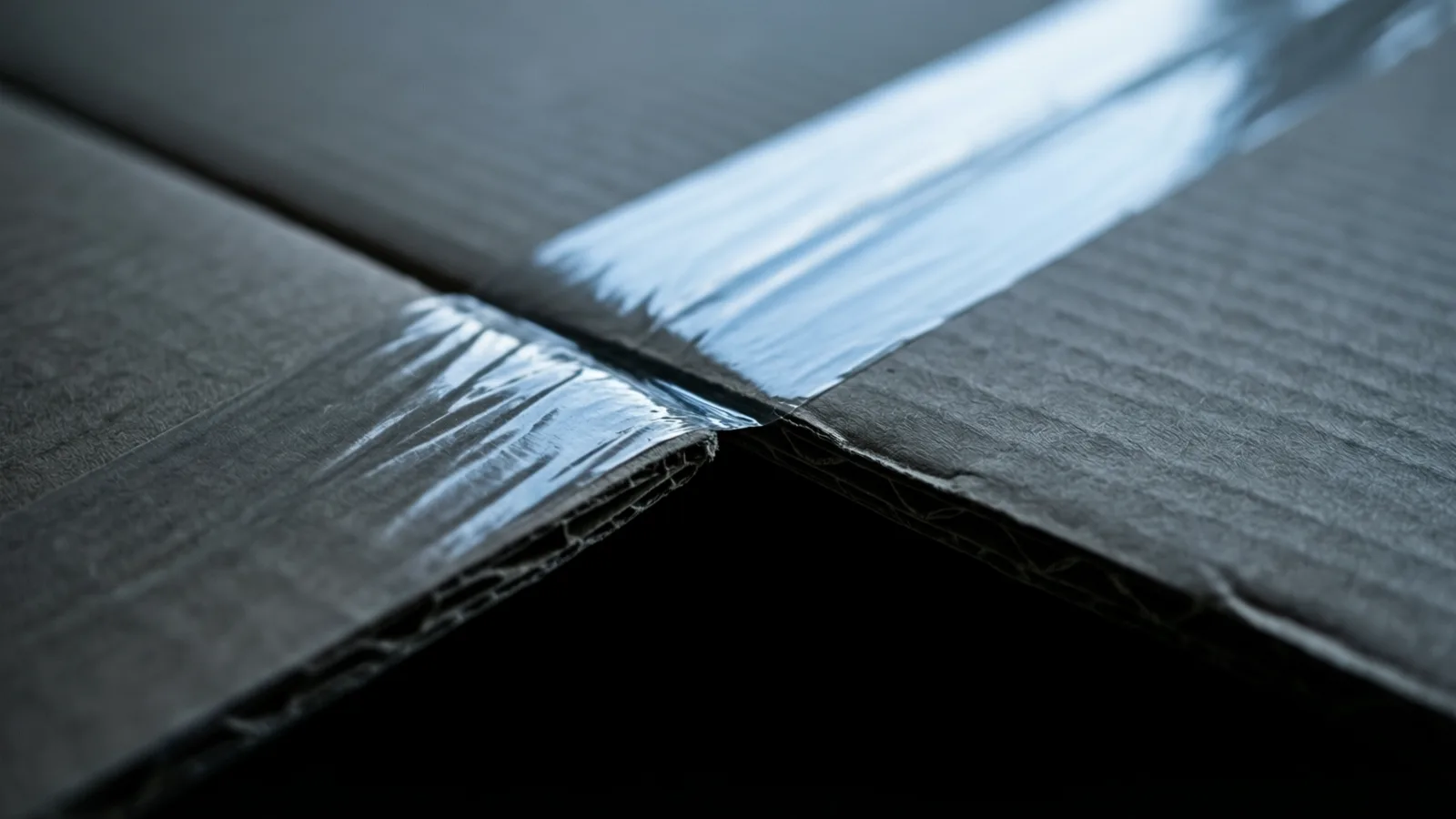 Varios paneles de cartón gris oscuro y acanalado se unen en ángulo, sellados con una cinta translúcida brillante, con luz que se refleja en la cinta, resalta la superficie texturizada y proyecta sombras profundas debajo.
