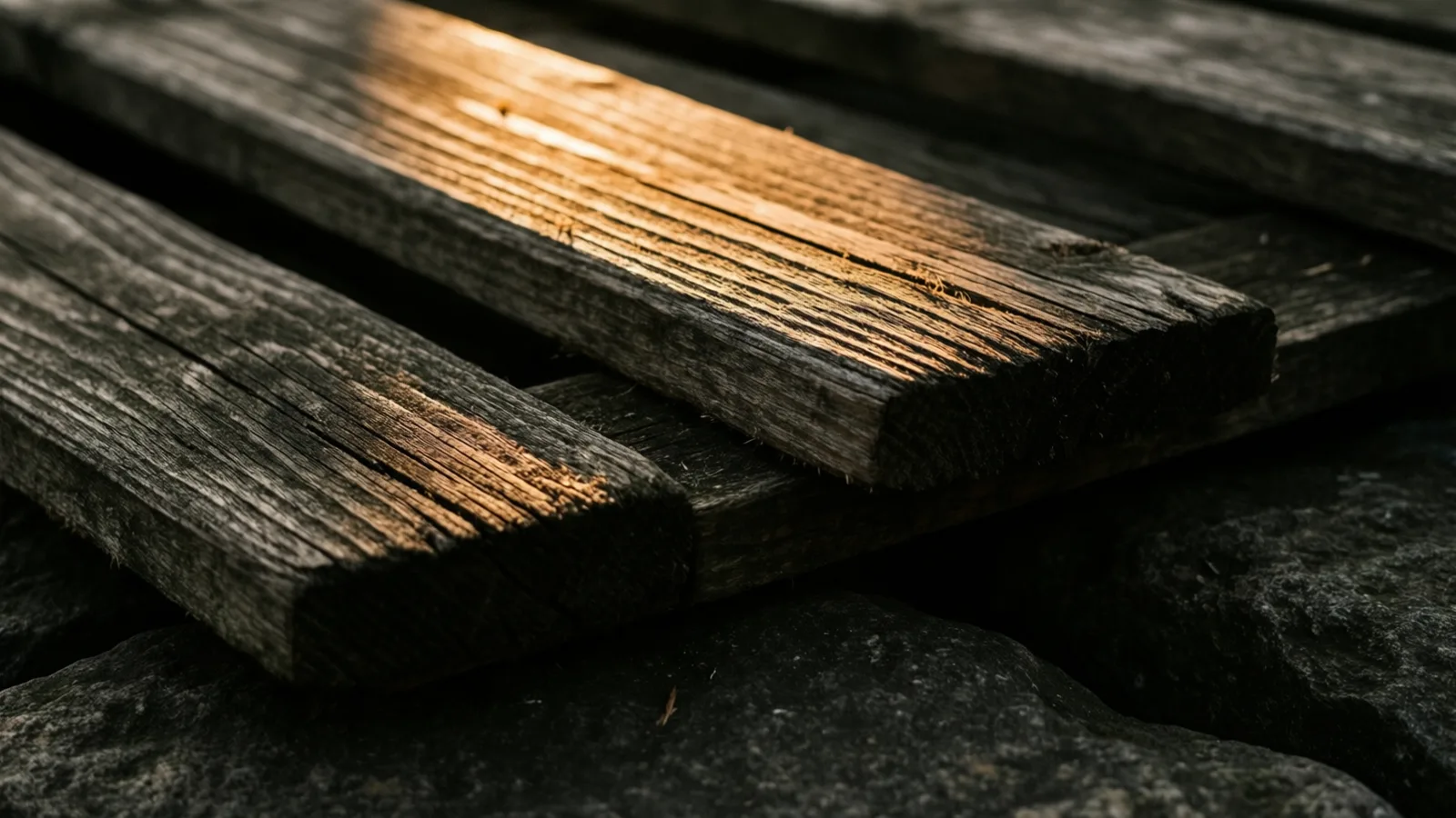 Listones de madera de un cajón superpuestos, con los cantos cortados en bruto, iluminados por una única franja de luz cálida sobre piedra oscura.