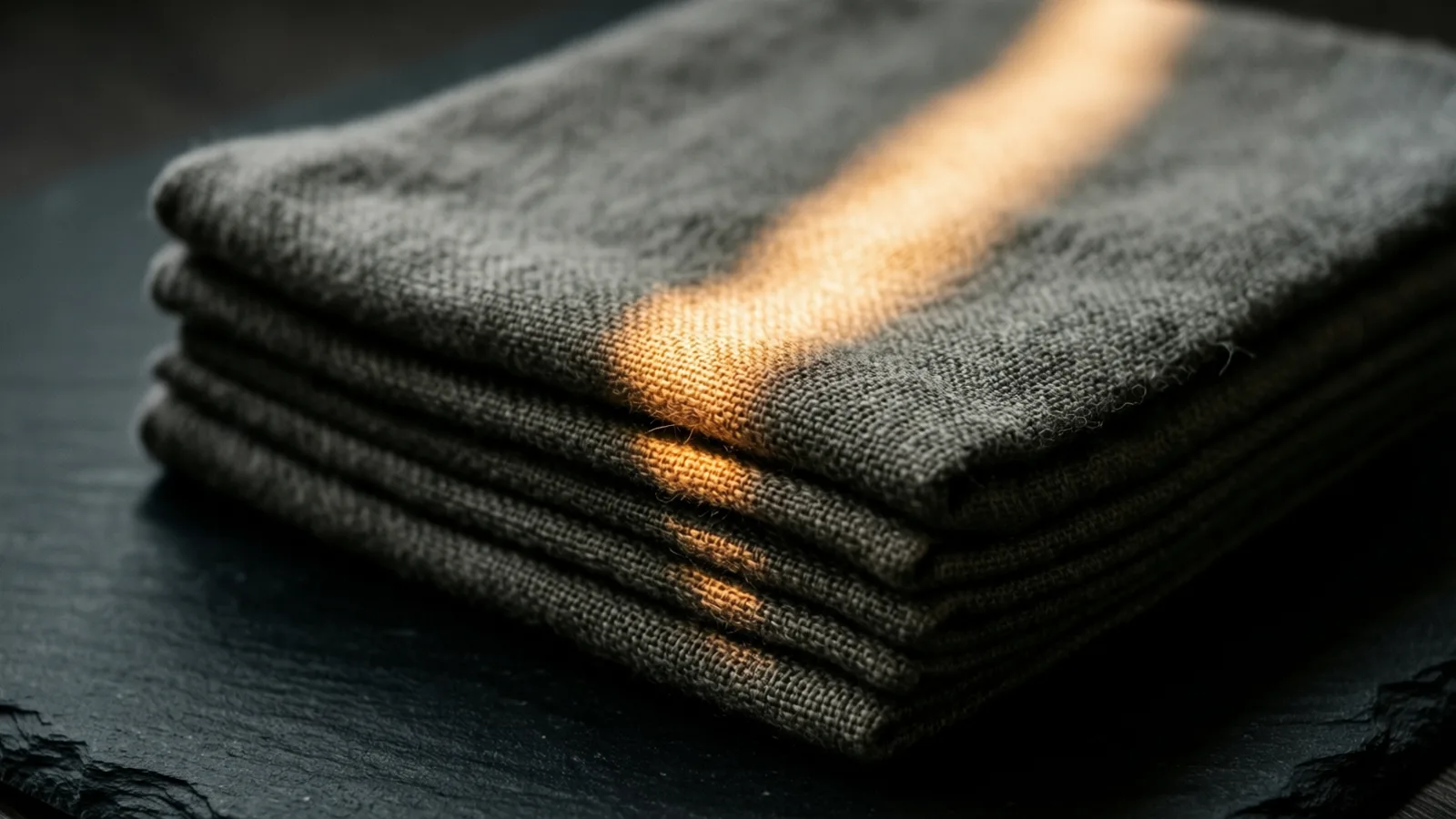 Varias piezas de tela tejida gris oscuro dobladas y apiladas con pulcritud sobre una superficie oscura y rugosa, con una franja de luz cálida en diagonal sobre las capas superiores.