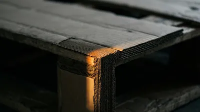 A right-angled corrugated cardboard corner guard wrapped around the edge of a weathered grey wooden pallet, its folded fluted edge caught by a narrow band of warm light, everything behind it dark.