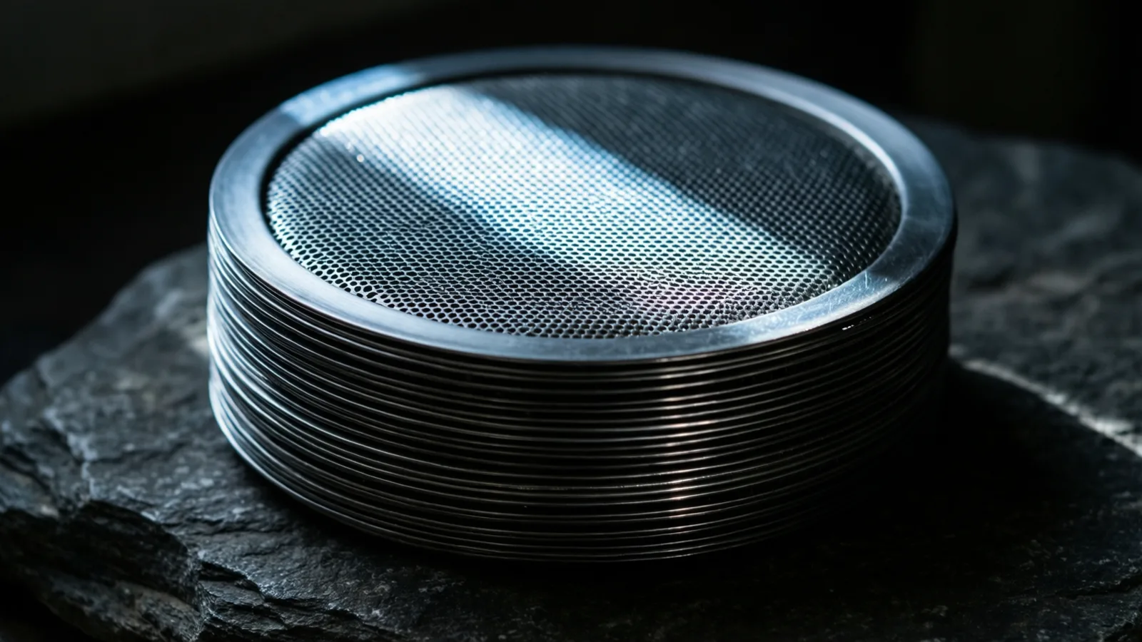 A short stack of fine perforated steel discs on rough stone, one cold band of light skimming across the topmost disc.