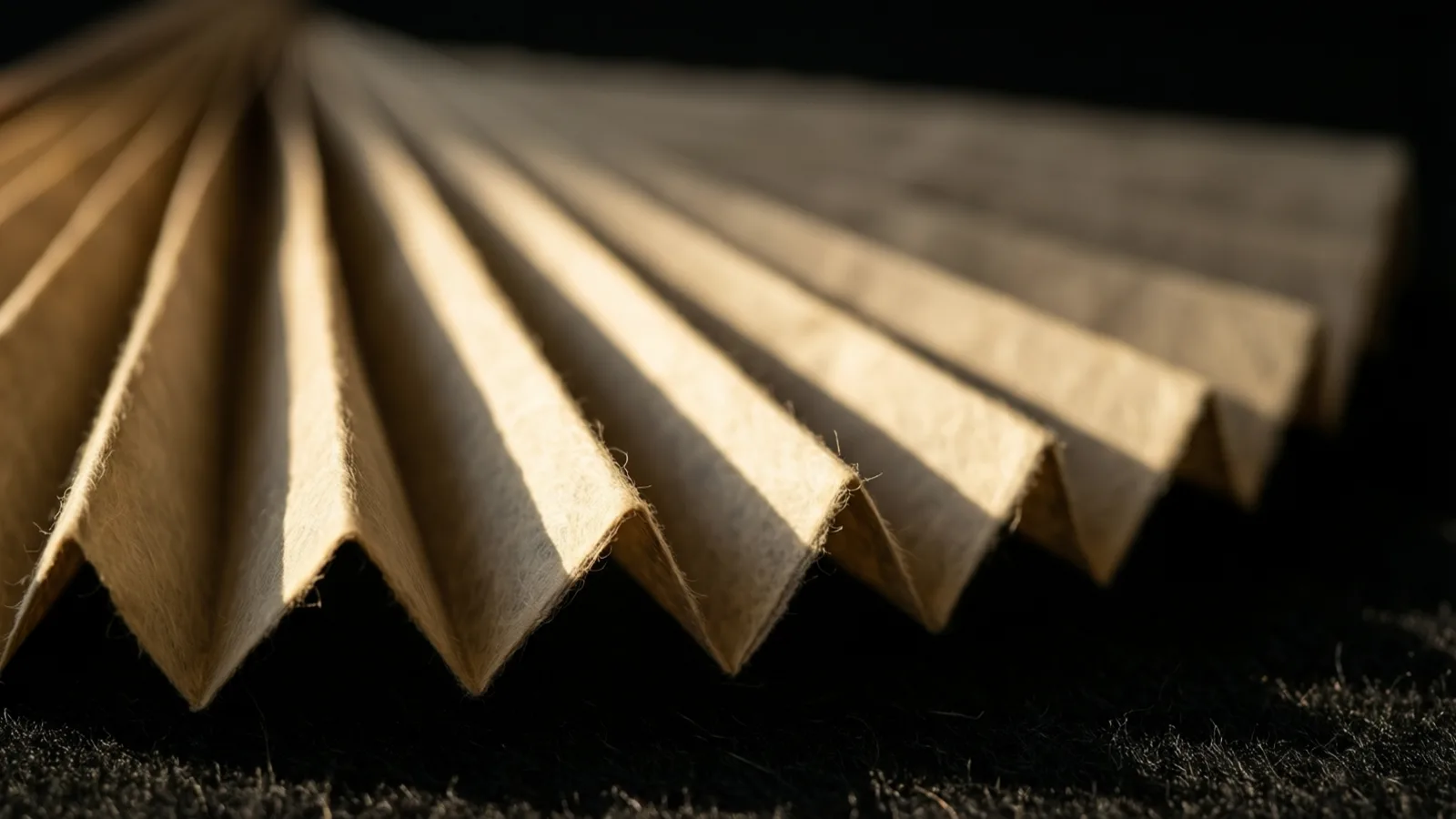 A paper filter opened into a small accordion fan on dark felt, warm light raking across its ridges and casting a rhythm of shadows.