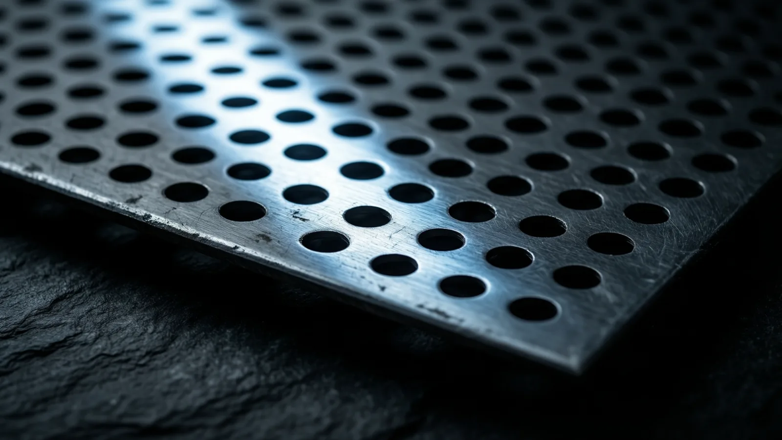 A flat sheet of perforated steel with a grid of round holes, a cold diagonal band of light rimming each hole with shadow.