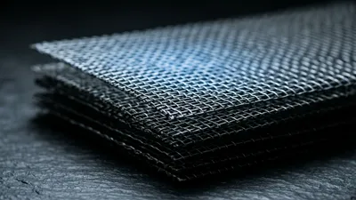 Several sheets of woven steel mesh stacked in a loose offset fan, one edge lit by a cold blade of light while the rest recedes into shadow.