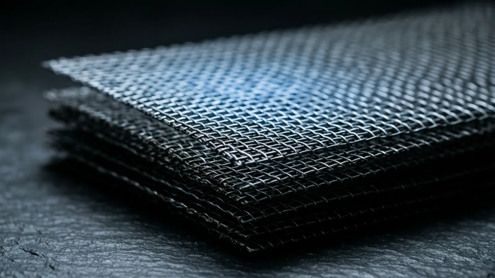 Several sheets of woven steel mesh stacked in a loose offset fan, one edge lit by a cold blade of light while the rest recedes into shadow.