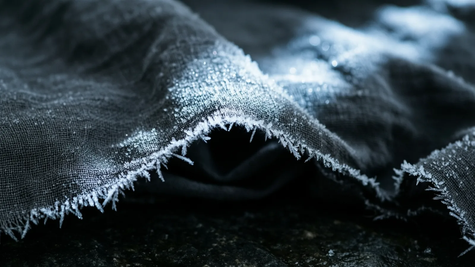 Crumpled cotton gauze rimed with frost, its folds catching a cold raking light while the creases fall into shadow.