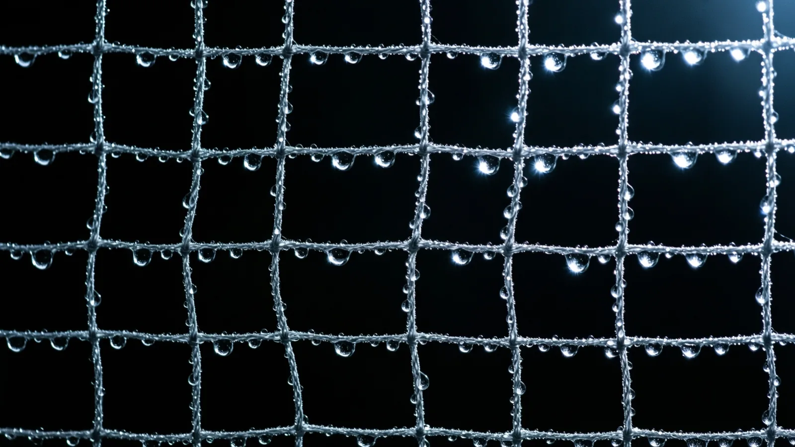 A taut wire mesh screen beaded with condensation droplets, lit by a sharp cold light against a black ground.