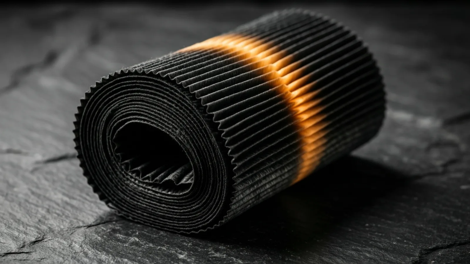 A strip of pleated filter media coiled into a tight cylinder, warm light tracing the curve of its ridges on dark stone.