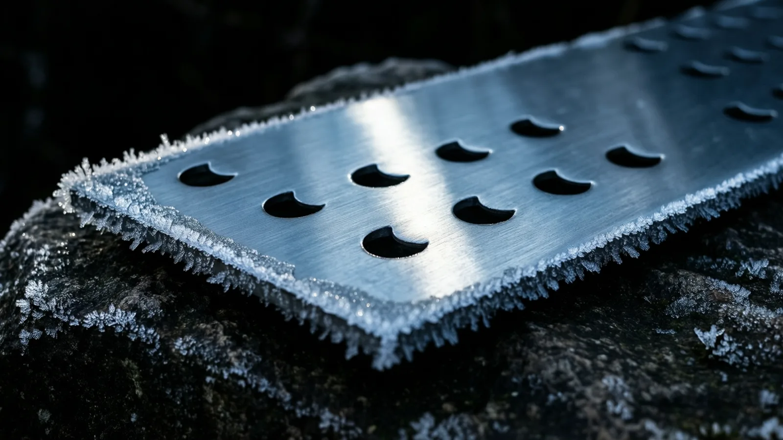 A perforated aluminum panel with a thin rim of frost at its edges, cold light crossing the surface and shadowing each hole.