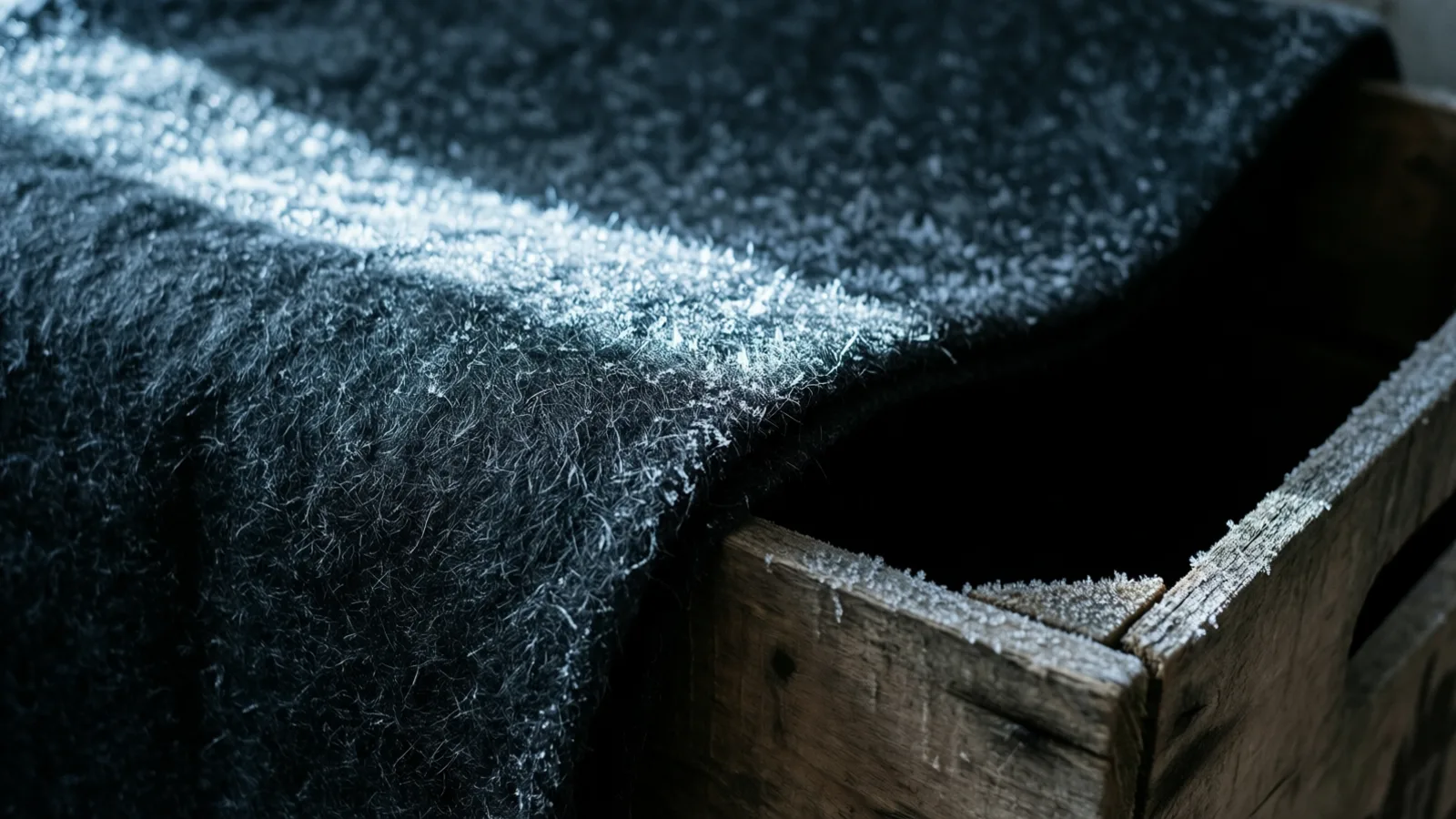 Heavy dark felt draped over a crate edge, its surface dusted with frost and lit by one cold blade of light.