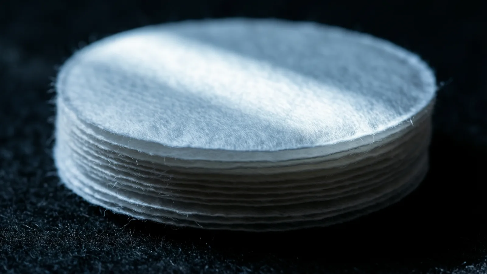 A flush stack of about a dozen round white filter-paper discs sits on dark napped felt, cold light grazing the top disc from the left while stray fibers catch along the layered edge.