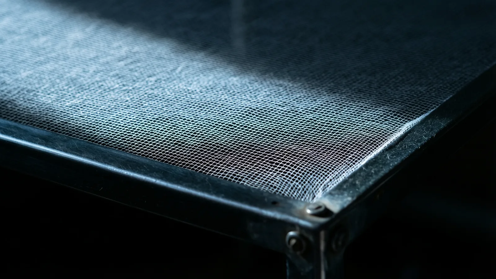 A rectangular panel of fine woven metal mesh set in a dark metal frame with visible screws at the corner, light falling diagonally across the weave.