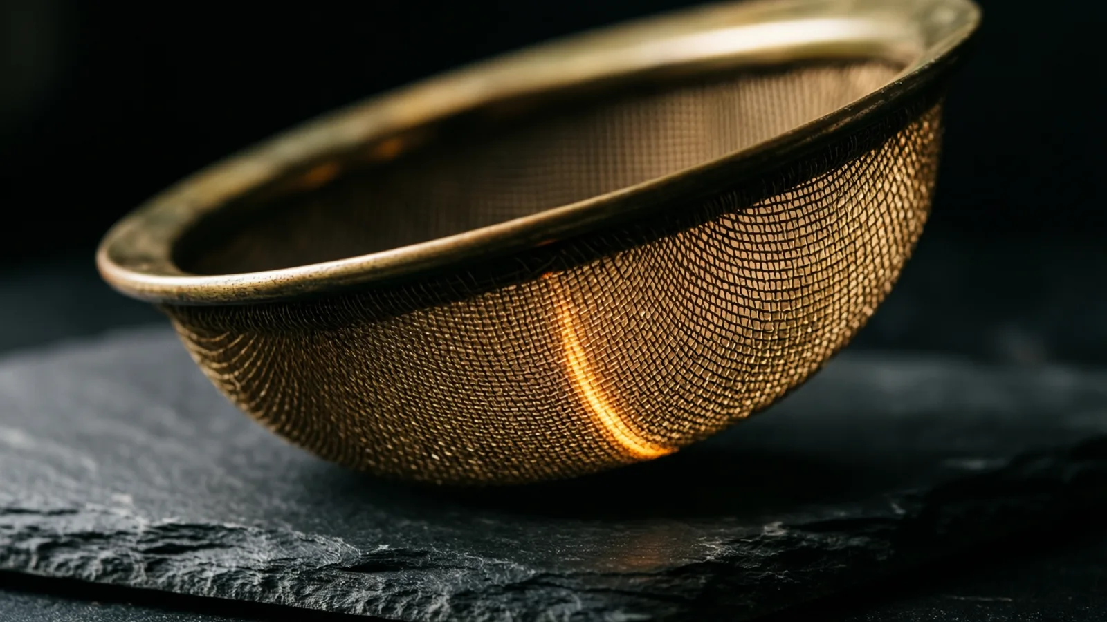 A fine metal mesh strainer with a solid rim rests on dark textured stone, warm light picking out one curved section of the mesh.