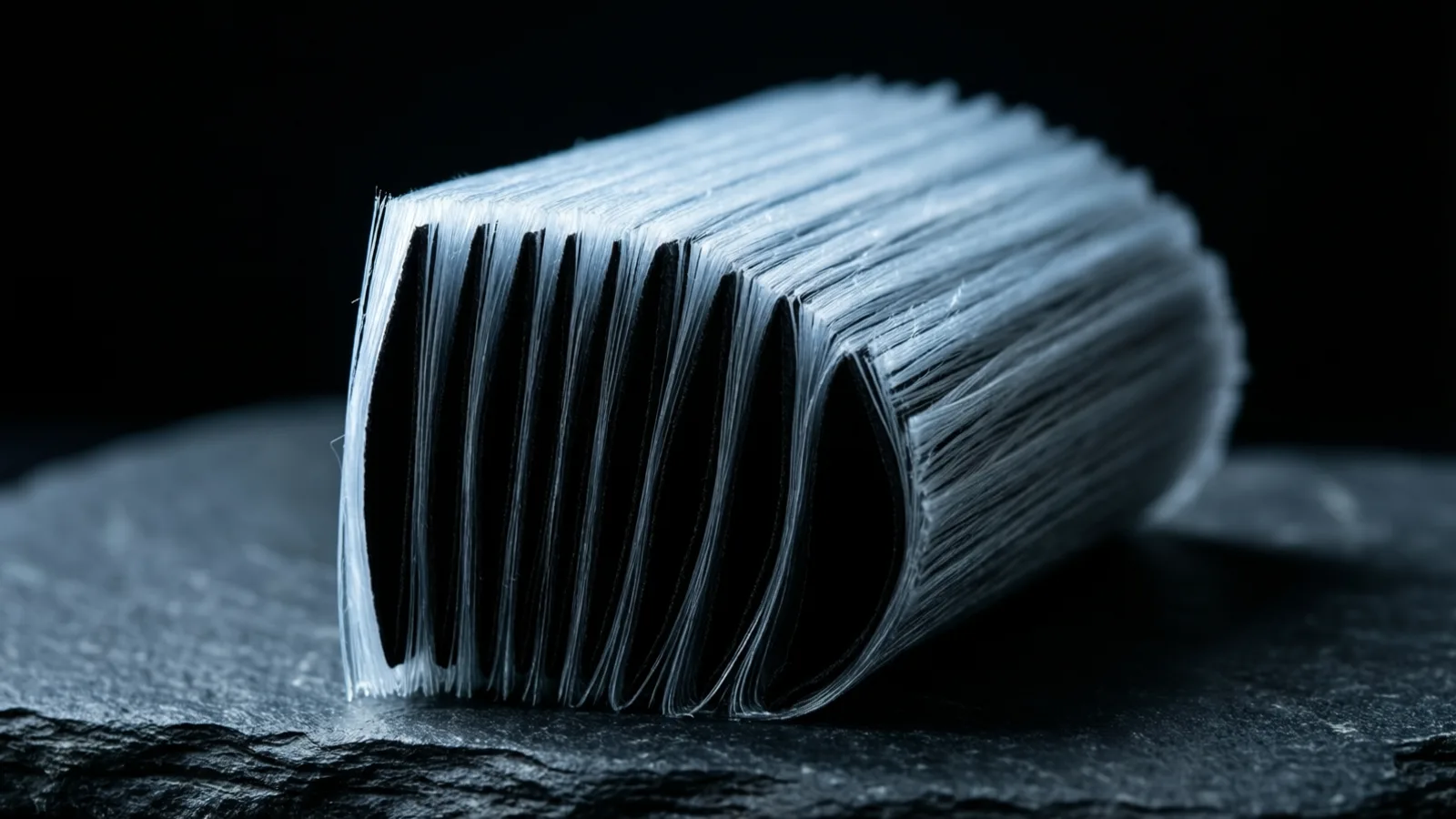 A short accordion fold of glass-fiber filter media standing on dark stone, cold light grazing its narrow pleated ridges.