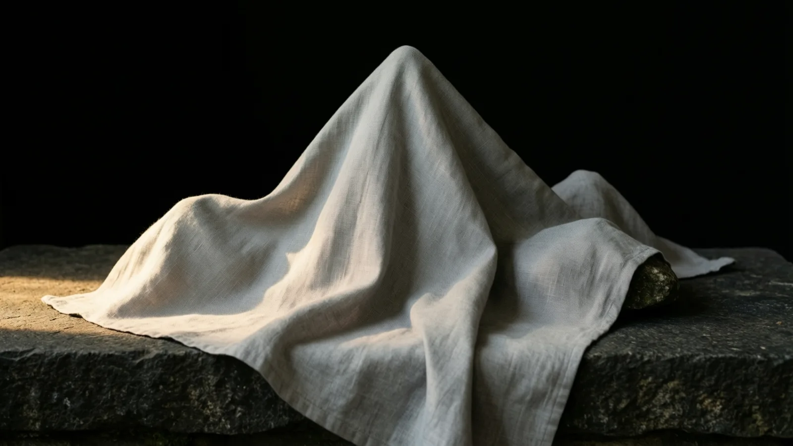 Una tela clara y tejida cubre una forma en punta sobre una losa de piedra oscura y rugosa, y en el borde derecho asoma una piedra pequeña con musgo. Una luz cálida cae sobre la losa a la izquierda y sobre el lado izquierdo de la tela, con fondo negro.
