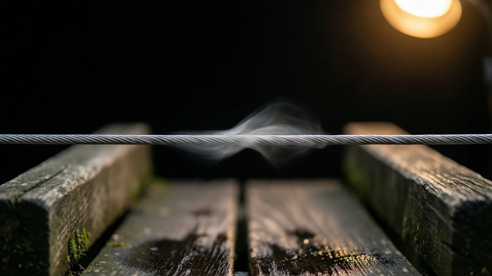 Un cable metálico delgado y trenzado cruza el encuadre con una voluta de humo pálido flotando alrededor de su centro, sobre tablones de madera desgastados con musgo y manchas oscuras de humedad. Una lámpara encendida, arriba a la derecha, ilumina los bordes de los tablones, con fondo negro.
