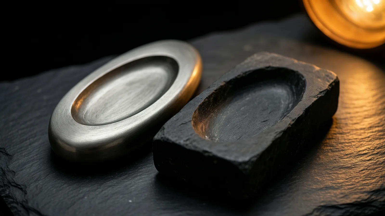 Un plato ovalado de metal cepillado descansa junto a un bloque de piedra oscura y rugosa con una cavidad ovalada, ambos sobre una losa de pizarra. La luz cálida de una bombilla encendida, arriba a la derecha, cae sobre el lado derecho de la losa, con fondo negro.