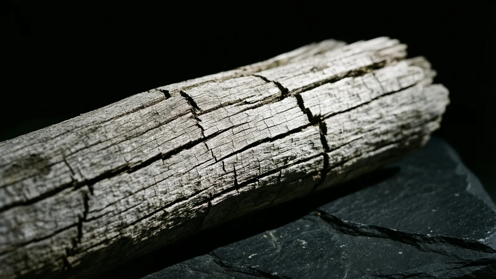 A weathered grey wooden log with deep dry cracks and splintered fibres, lying diagonally on a dark slate slab. Light rakes across the top of the log, and the background is black.